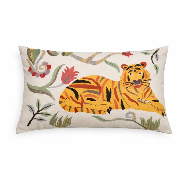 New York, Household Items, USD 21,  Floral Safari Tiger Pillow | 24x14" | Cotton Fabric