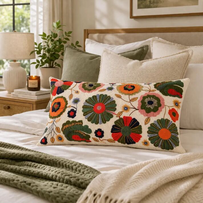 New York, Household Items, USD 21,  Floral Medley Pillow |24x14"| Cotton Fabric | Vibrant Design