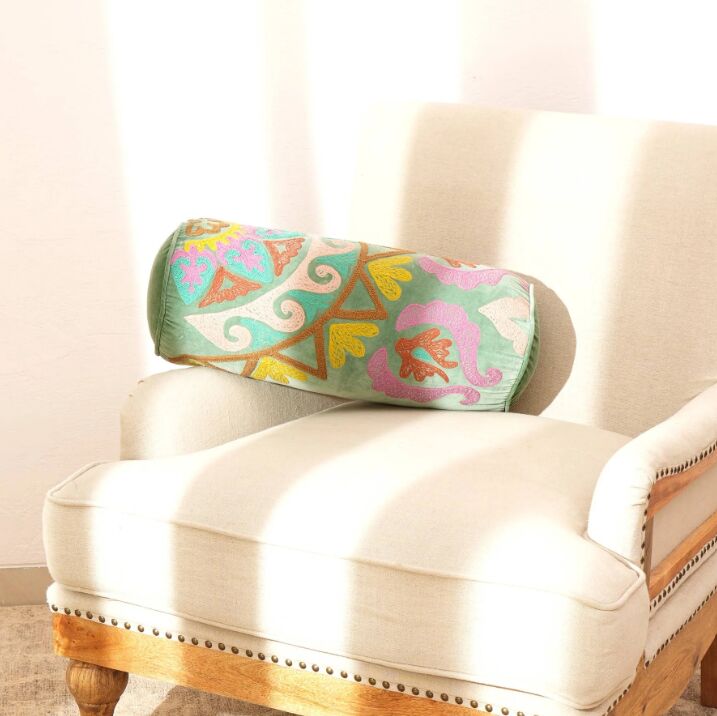 New York, Household Items, USD 32,  Decorative Suzani Embroidered Bolster Pillow - 21" X 8"