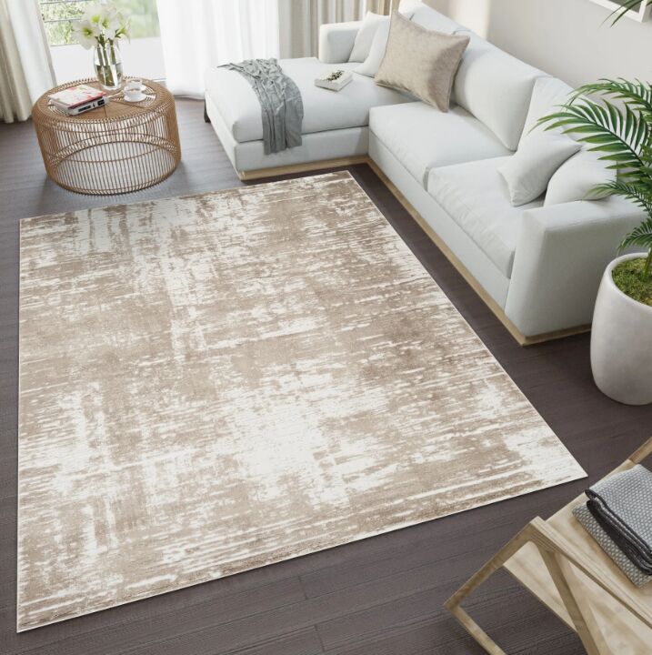 New York, Household Items, USD 358,  Troy Abstract Modern Area Rug, Soft Polyester Cut Pile Carpet, Neutral Beige & Ivory Distr