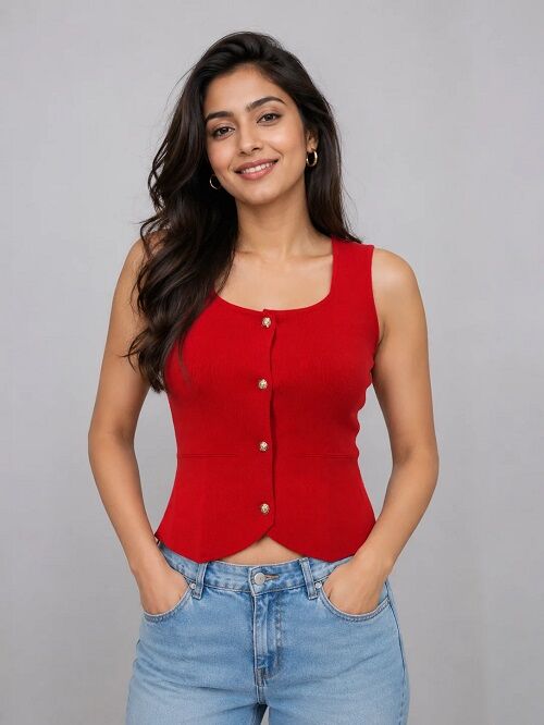 Chandigarh, Clothing & Accessories, INR 899,  Buy Women&rsquo;s Red Button-Front Knit Vest Online