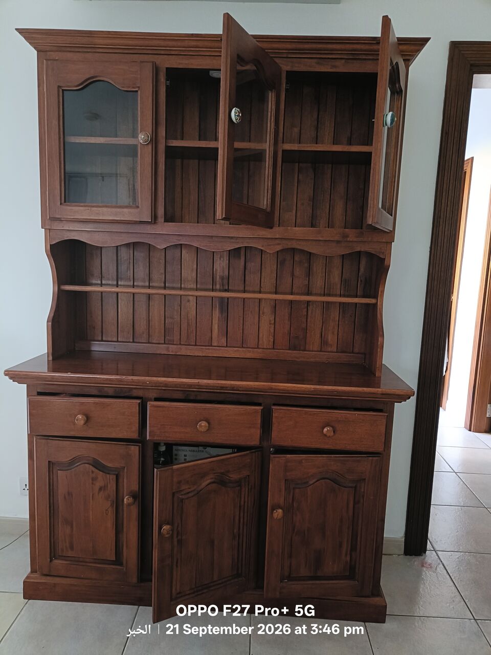 Khobar, Furniture, SAR 600,  Full Solid Reddish Hutch/China Cabinet With Top Glass Display+ Open Shelf +Bottom Buffet
