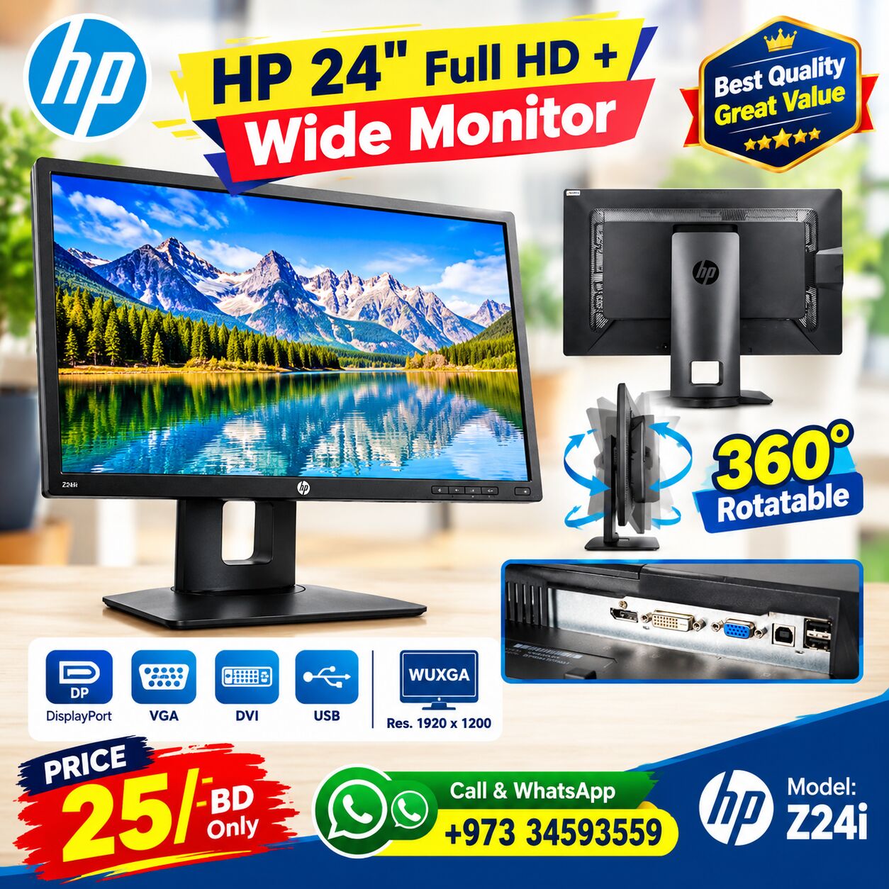Isa Town, Computers, BHD 25,  HP 24" 2K Full HD+ Monitor 360* Rotatable (Input: DP, VGA, DVI & USB) Very Good Working