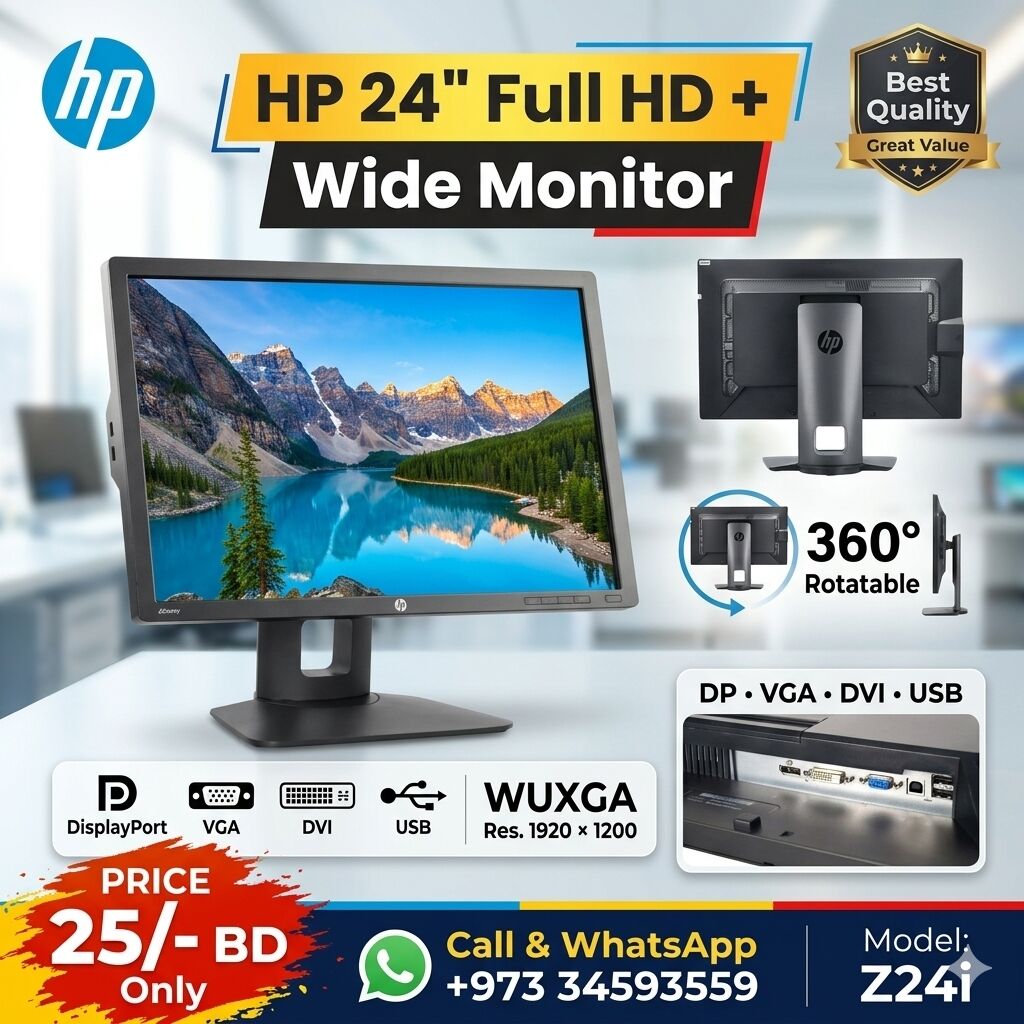 Manama, Computers, BHD 25,  HP 24" 2K Full HD+ Monitor 360* Rotatable (Input: DP, VGA, DVI & USB) Very Good Working