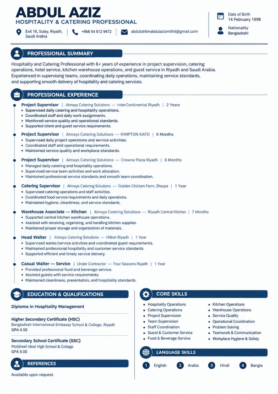 Al Fayhaa, Job Seekers, Catering Supervisor, Project Supervisor(dining),area Head