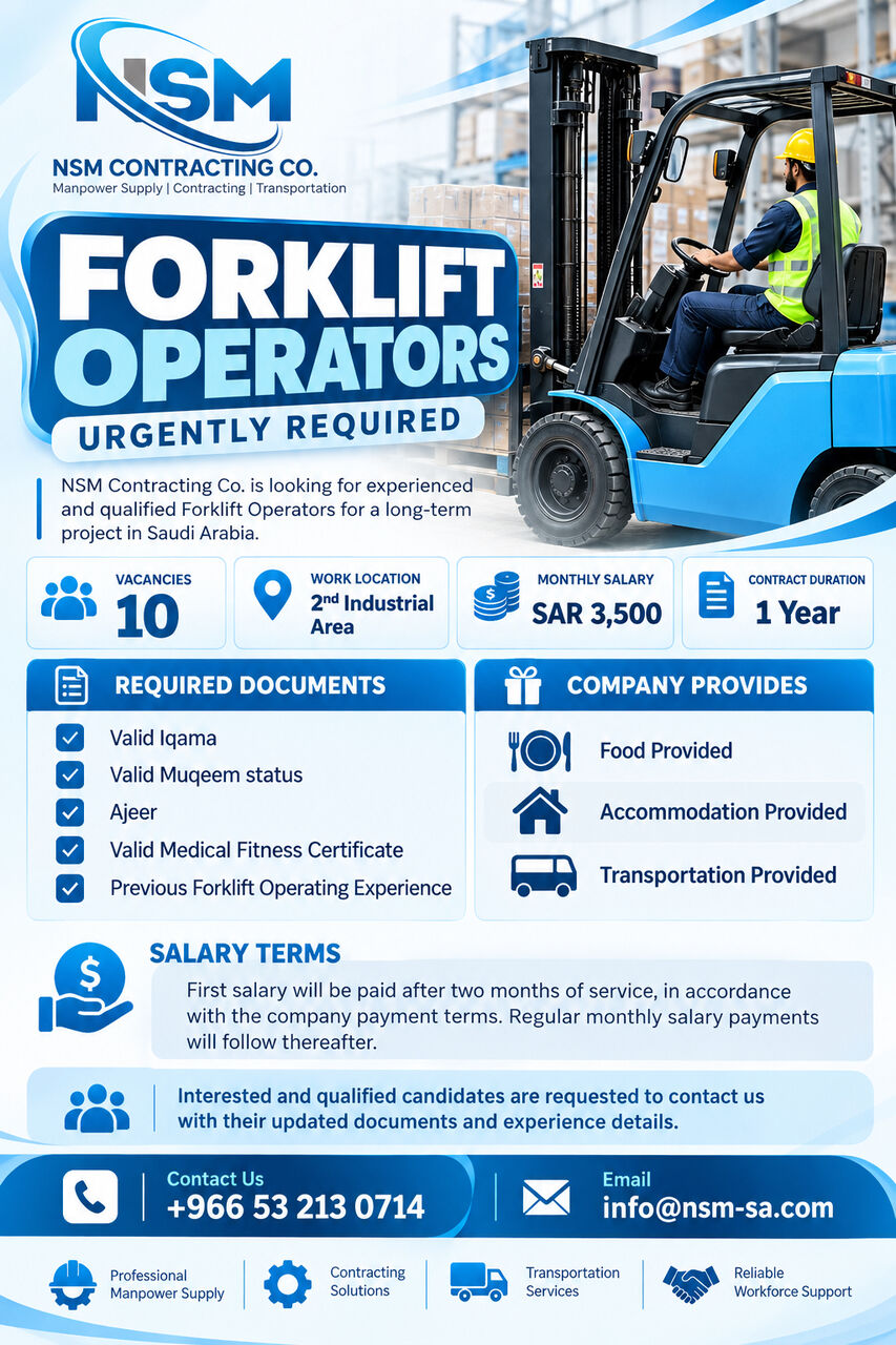 Dammam, Jobs, FORKLIFT OPERATORS REQUIRED