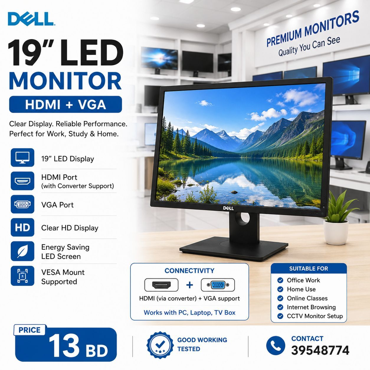 Salmabad, Computers, BHD 13,  Dell 19" Display HDMI Monitor Same As New -Call/ WhatsApp  36841488