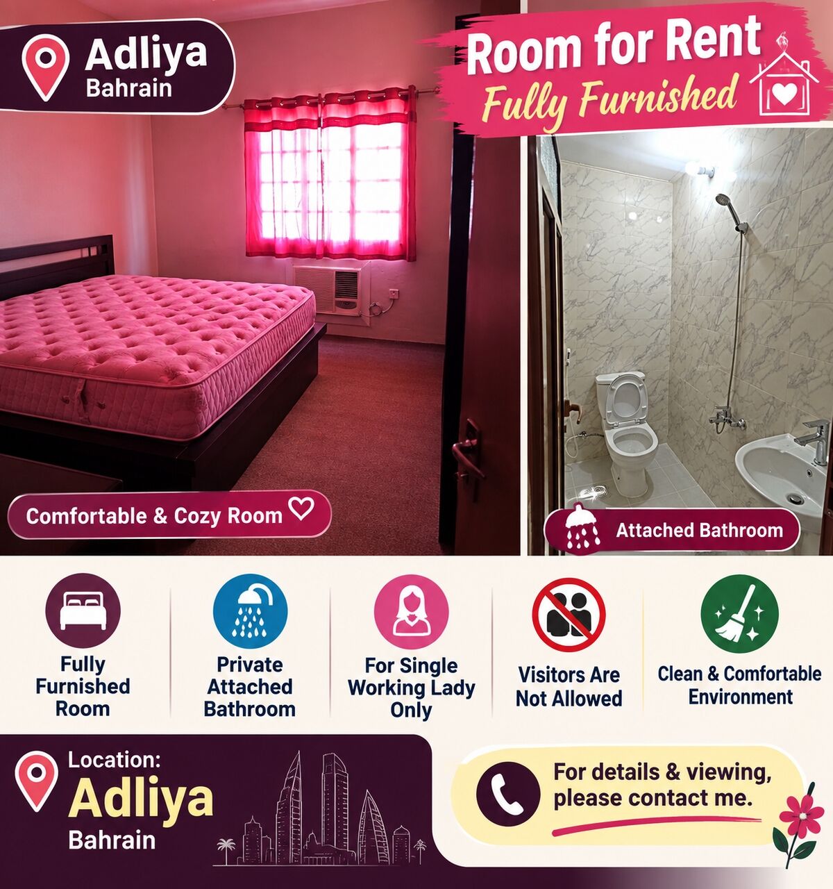 Adliya, Rooms for Rent, BHD 1/month,  Furnished,  Fully Furnished Room