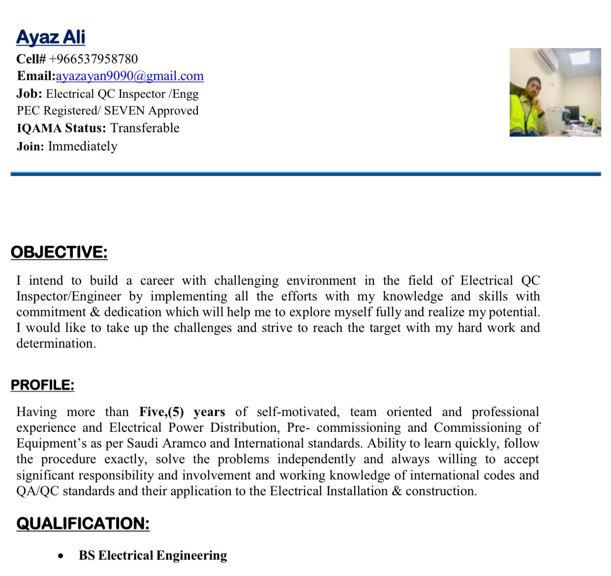 Riyadh, Job Seekers, Application For The Position Od QA/QC Electrical Engineer/Inspector