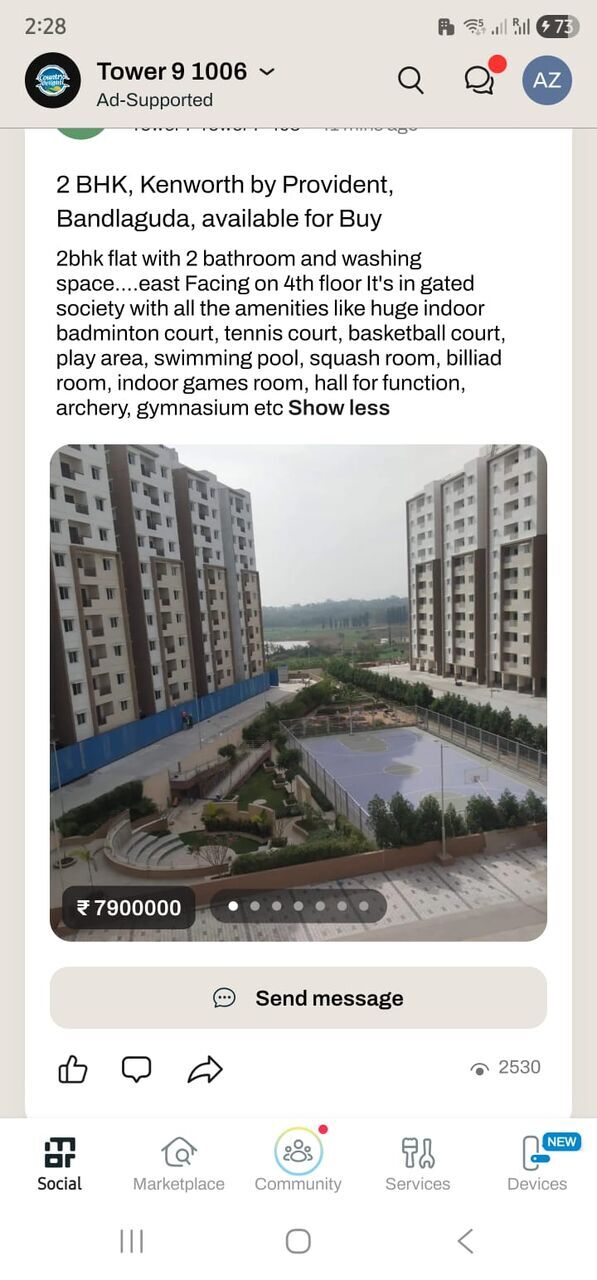 Hyderabad, Real Estate For Sale, INR 7500000,  2 BR,  958 Sq. Meter,  2 BHK At Provident Kenworth, Rajendranagar, Hyderabad