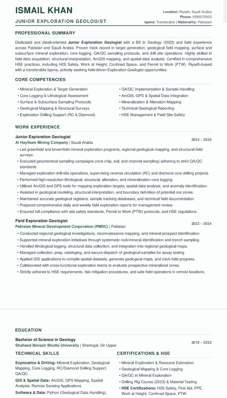 Riyadh, Job Seekers, Junior Exploration Geologist