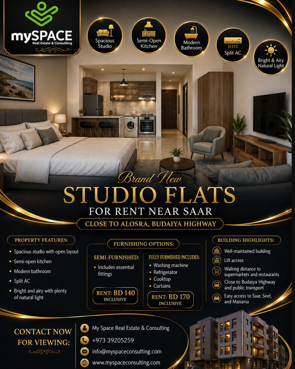 Saar, Apartments, Flats, Houses & Villas, BHD 180/month,  Furnished,  Studio,  BRAND NEW STUDIO FOR RENT NEAR SAAR | CLOSE TO ALOSRA, BUDAIYA HIGHWAY