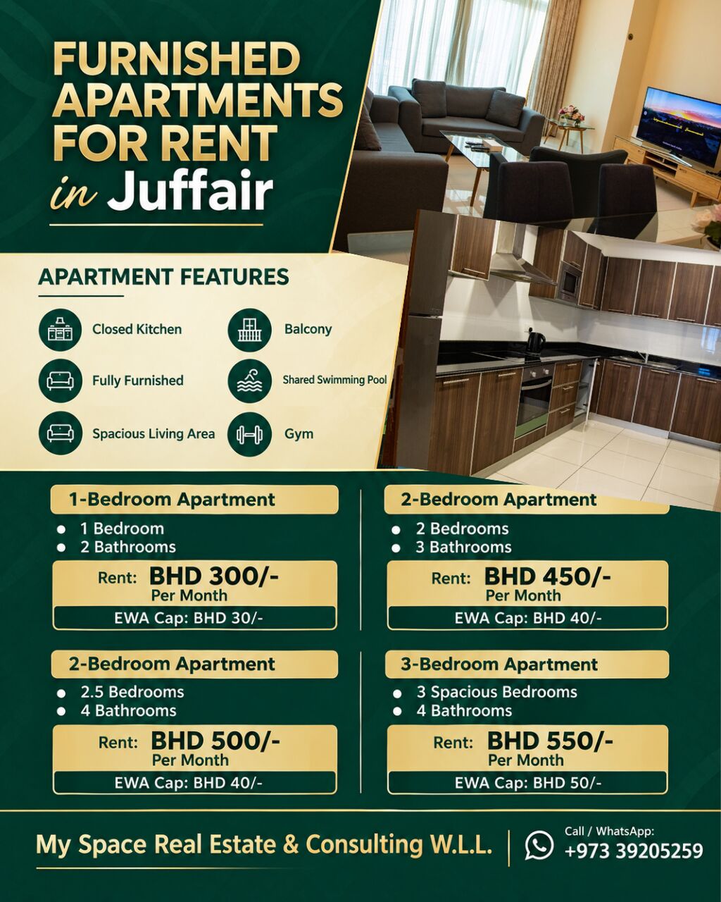 Juffair, Apartments, Flats, Houses & Villas, BHD 550/month,  Furnished,  3 BR,  Apartment For Rent In Juffair
