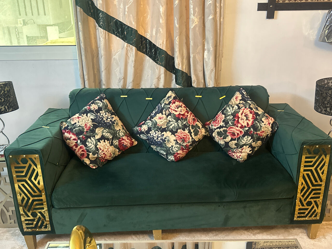 Al Malaz, Furniture, SAR 900,  Beautiful Dark Green And Golden   , 9 Seater Sofa Set Not Including Cushions