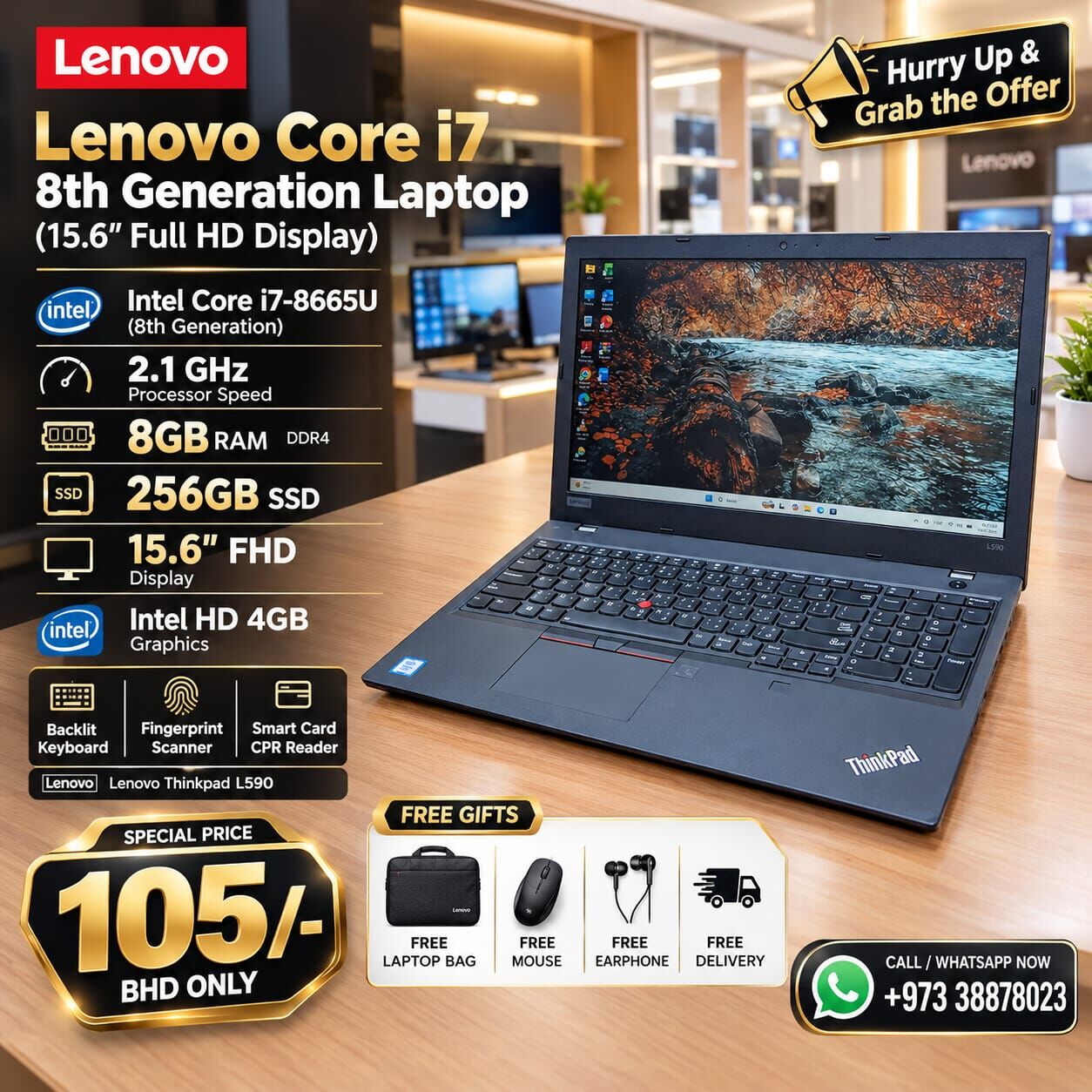 Manama, Computers, BHD 105,  Thinkpad Core I7 8th Gen Laptop 8GB RAM 256GB SSD 15.6" FHD Display FREE GIFTS