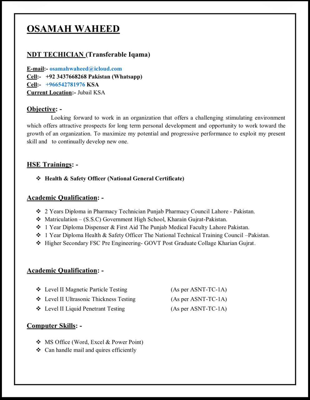 Jubail, Job Seekers, NDT TECHNICIAN