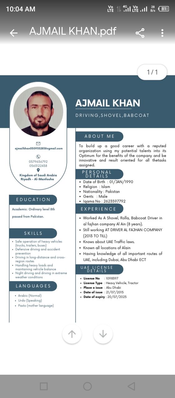 Abha, Job Seekers, I Am Shawel And Babcat Operater Looking For Job
