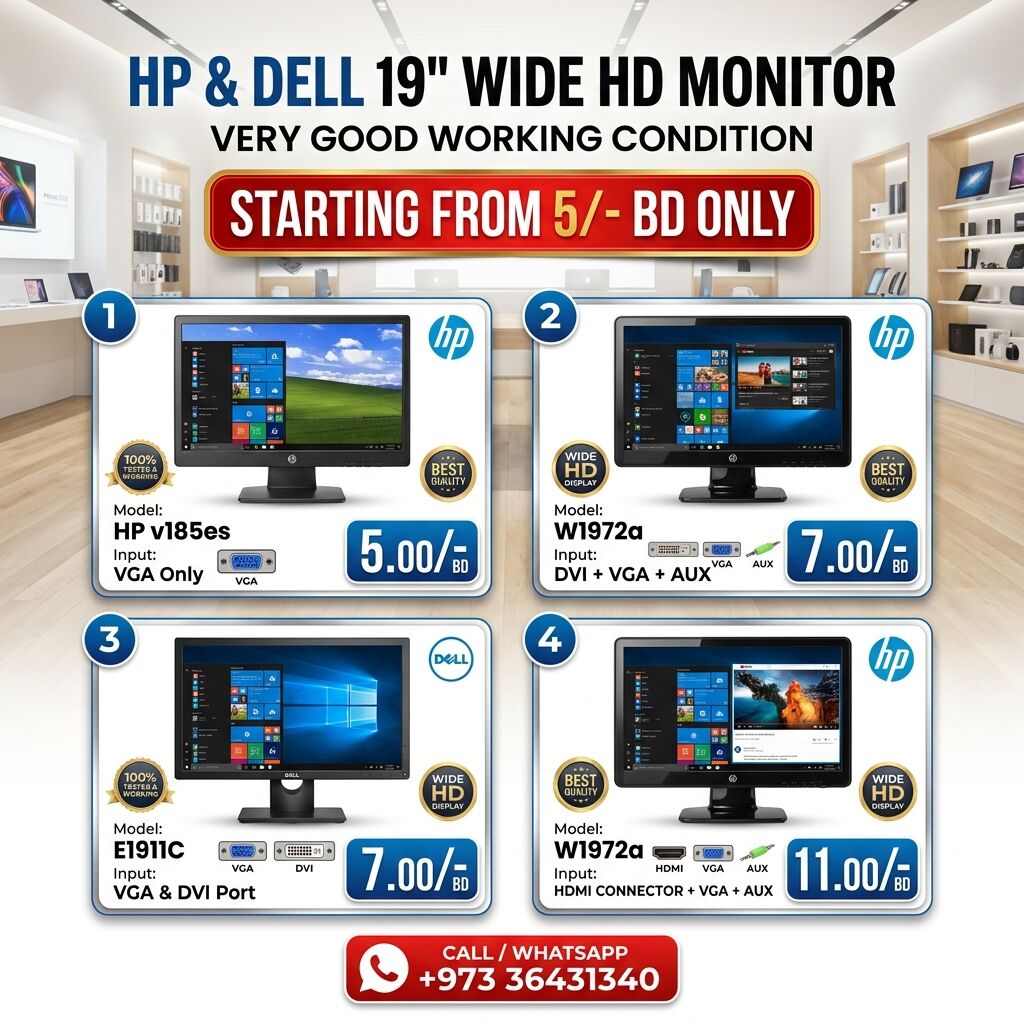 Manama, Computers, BHD 5,  HP 19" Wide HD LED Monitor Very Good Working Condition (Starting From 5/-BD Only) 36431340