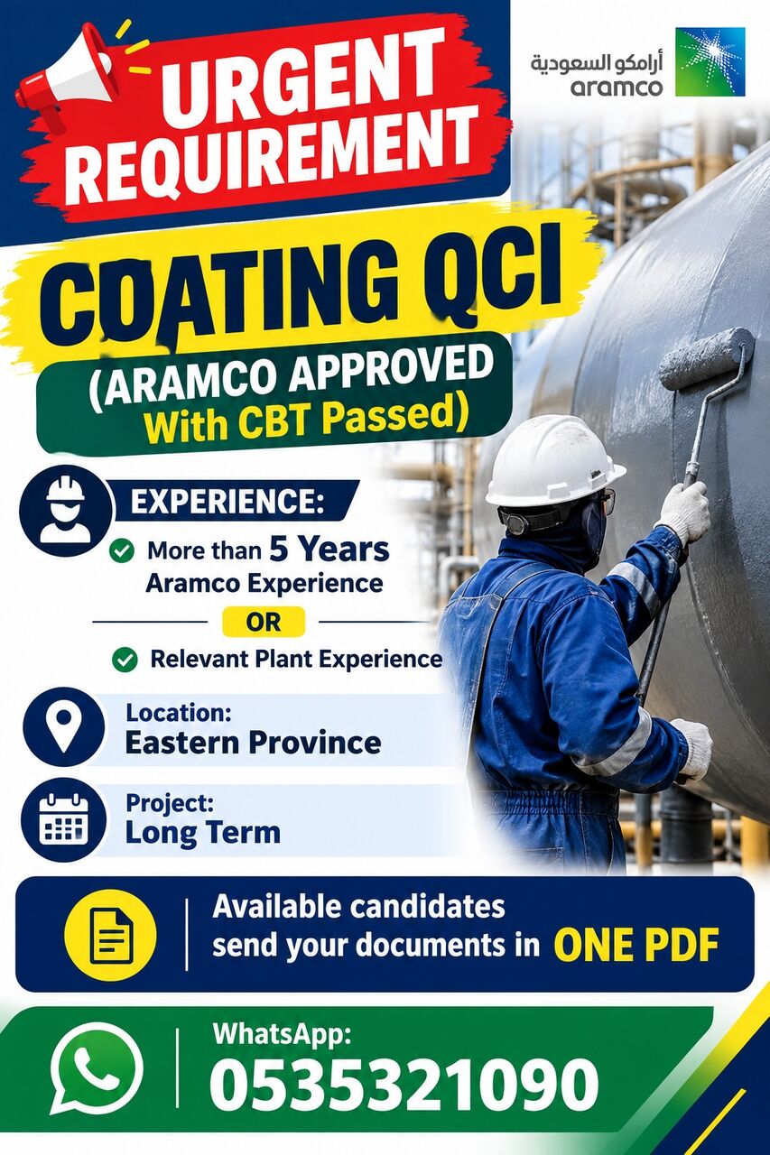 Riyadh, Jobs, Coating QCI Aramco Approved CBT Pass