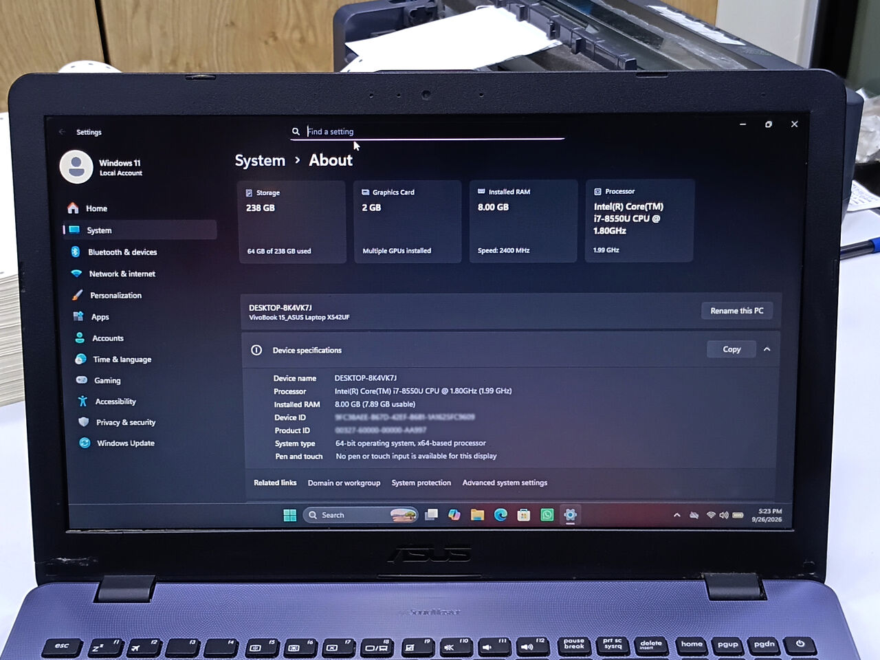 Riffa, Computers, BHD 80,  Asus VivoBook 15 Core I7 8th Gen 8GB 256GB SSD 6GB Graphics BD80