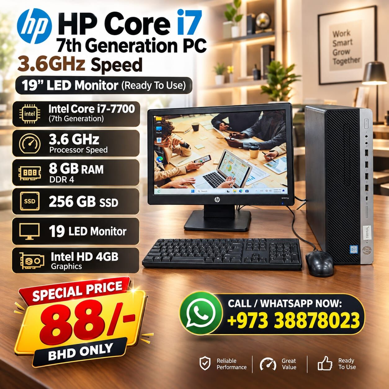 Manama, Tablet Computers, BHD 88,  HP Core I7 3.60GHz Speed 7th GEN PC 8GB RAM 256GB SSD 19" LED Monitor Win 11 Ready To Use
