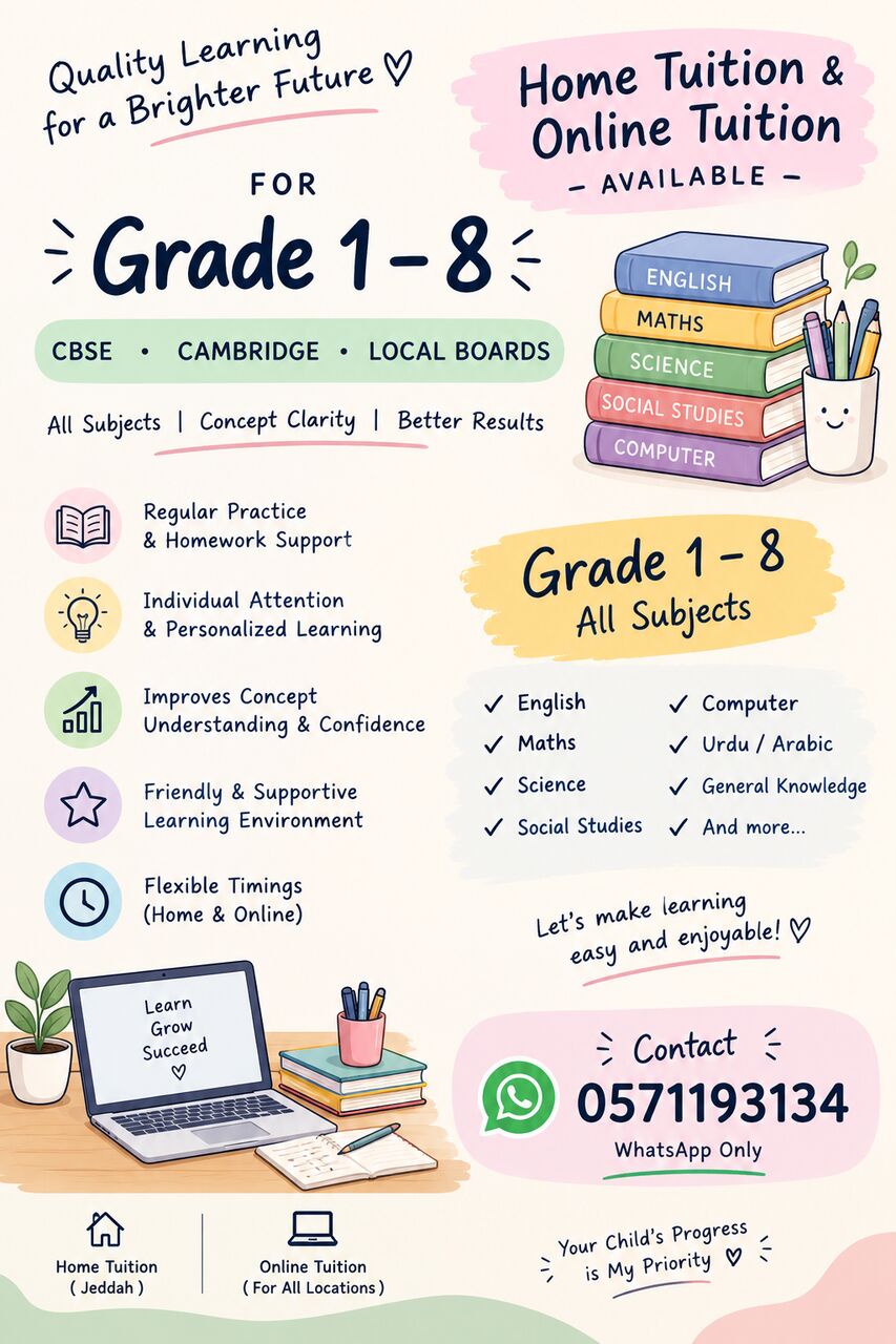 Jeddah, Lessons Offered, Home Tuition And Online Tuition Available