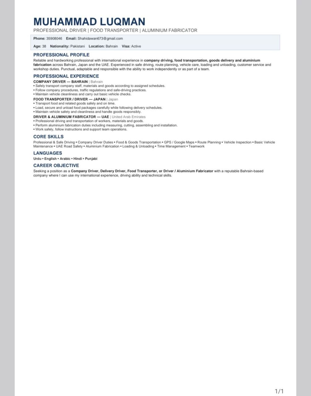 Manama, Job Seekers, Driver Cum Aluminium Fabricator