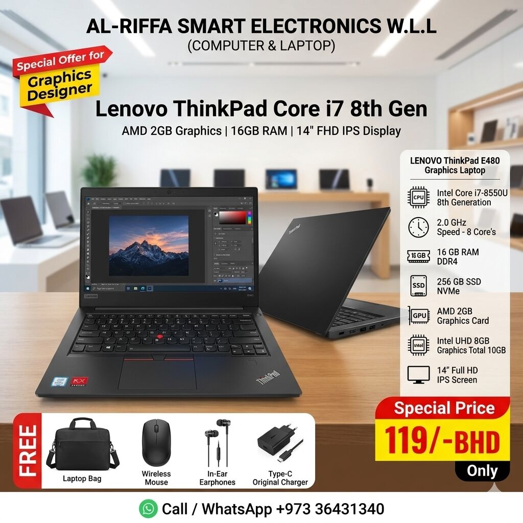 Isa Town, Computers, BHD 119,  Lenovo ThinkPad Core I7 8th Gen Laptop AMD 2GB Graphics Card 14" FHD IPS Screen 16GB RAM