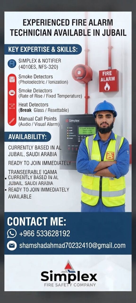 Jubail, Job Seekers, PROFESSIONAL SUMMARY & HIRING POST Position: Fire Alarm Technician (Available For Immediat