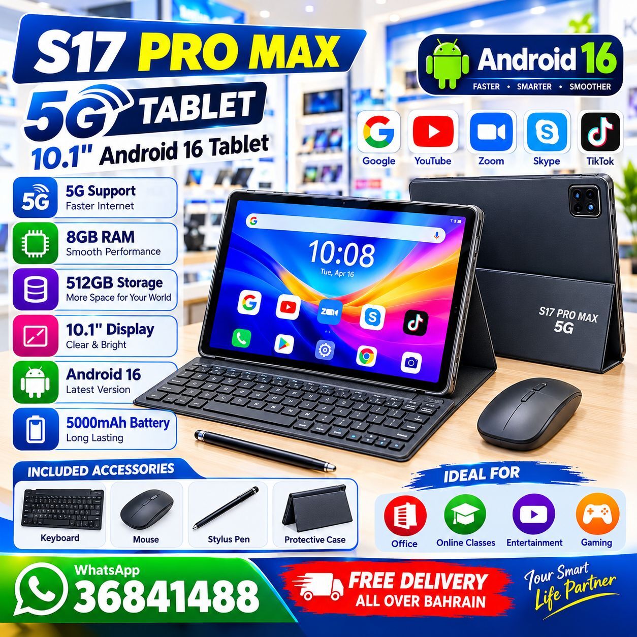 Diplomatic Area, Electronics, BHD 36,  S17 Pro Max Tablet 8GB RAM 512GB Storage 10.1" Display Keyboard+Mouse 16 Android /36841488