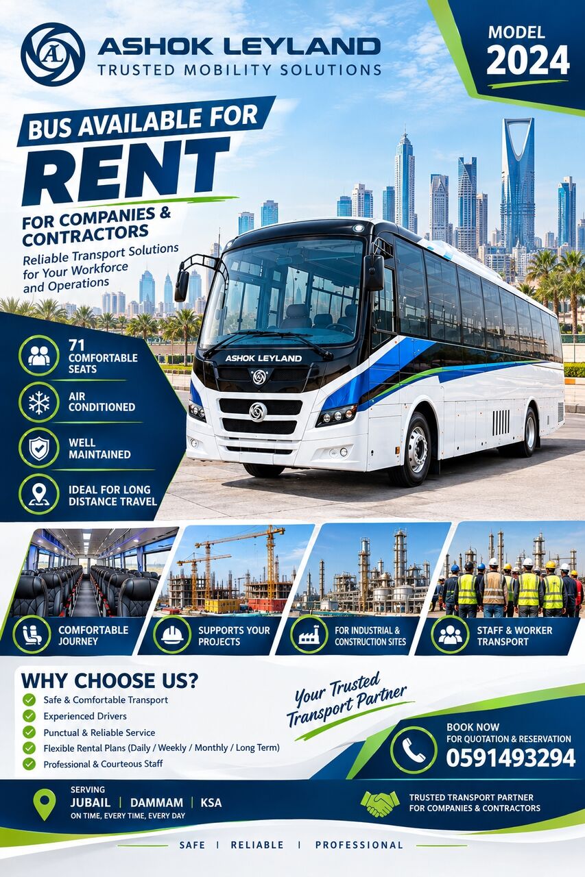 Jubail, Equipment Rental, 71 Seater Ashok Leyland Bus Available On Rent