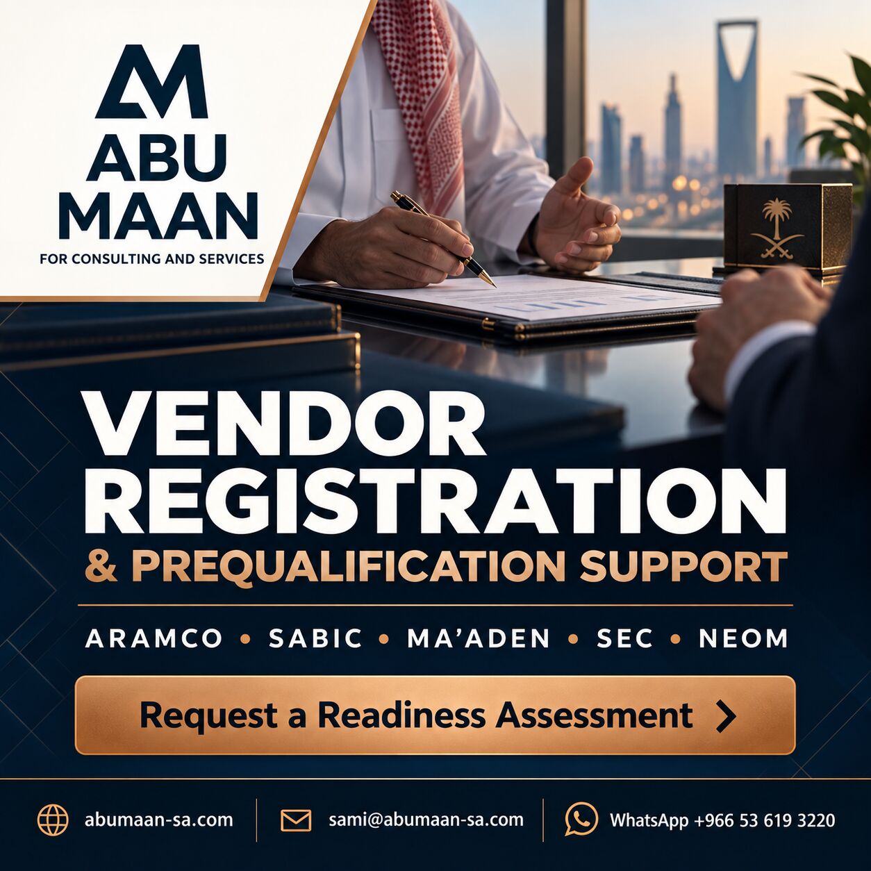 Riyadh, Business, Vendor Registration Support | Aramco, SABIC, Ma&rsquo;aden, SEC & NEOM