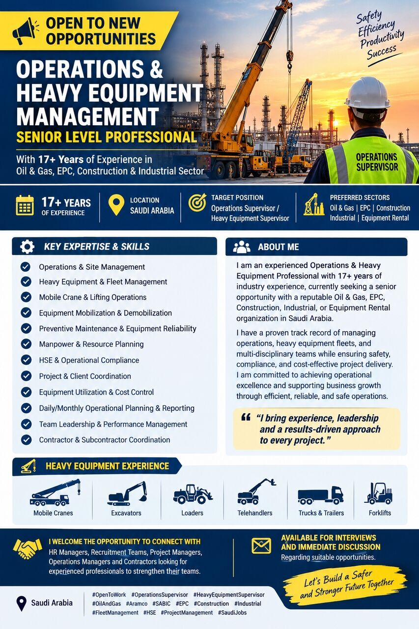 Jubail, Job Seekers, OPEN TO NEW OPPORTUNITIES | SENIOR OPERATIONS & HEAVY EQUIPMENT MANAGEMENT