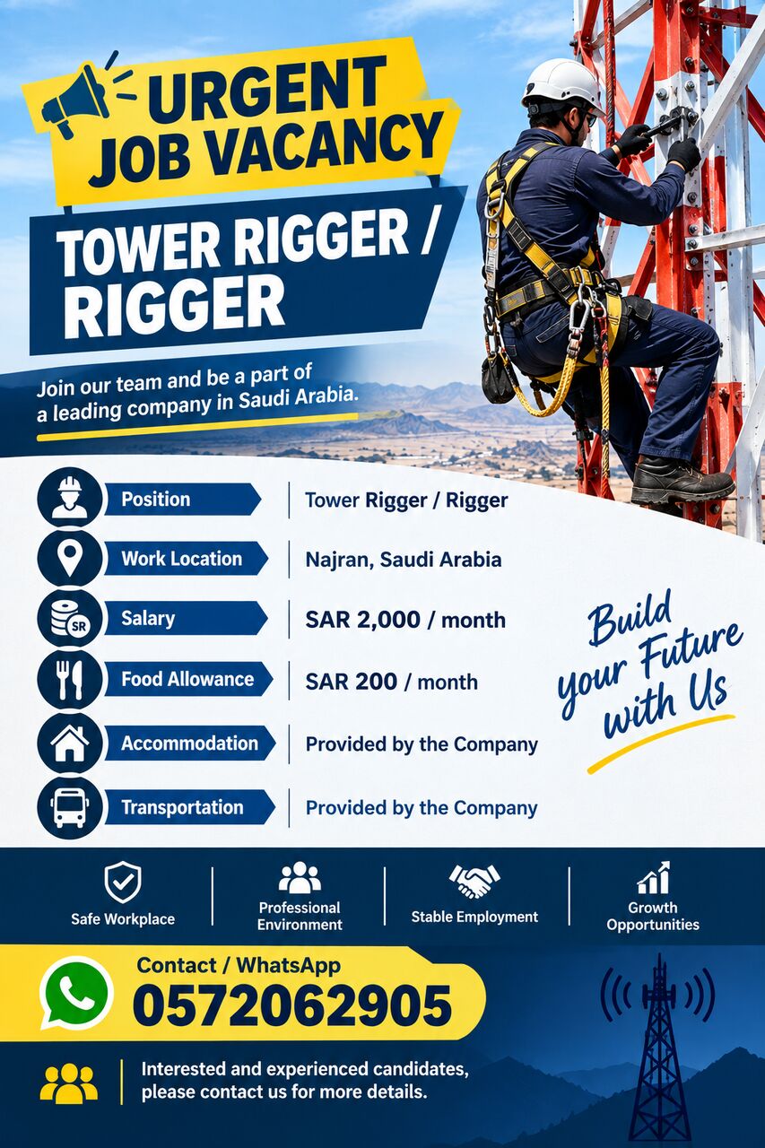 Riyadh, Jobs, URGENT JOB VACANCY &ndash; TOWER RIGGER / RIGGER