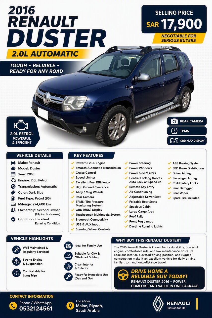 Al Malaz, Vehicles, Cars & Trucks , SAR 17900,  Renault Duster,  2016,  Automatic,  275000 KM,    2.0L  LE Trim (Negotiable)