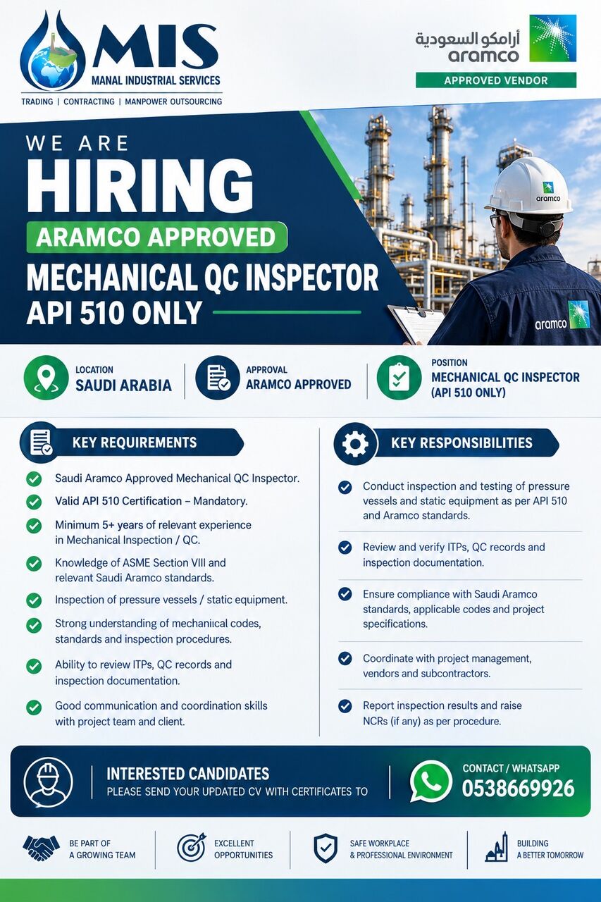 Riyadh, Jobs, Mechanical QC Inspector API 510, ARAMCO Approved,