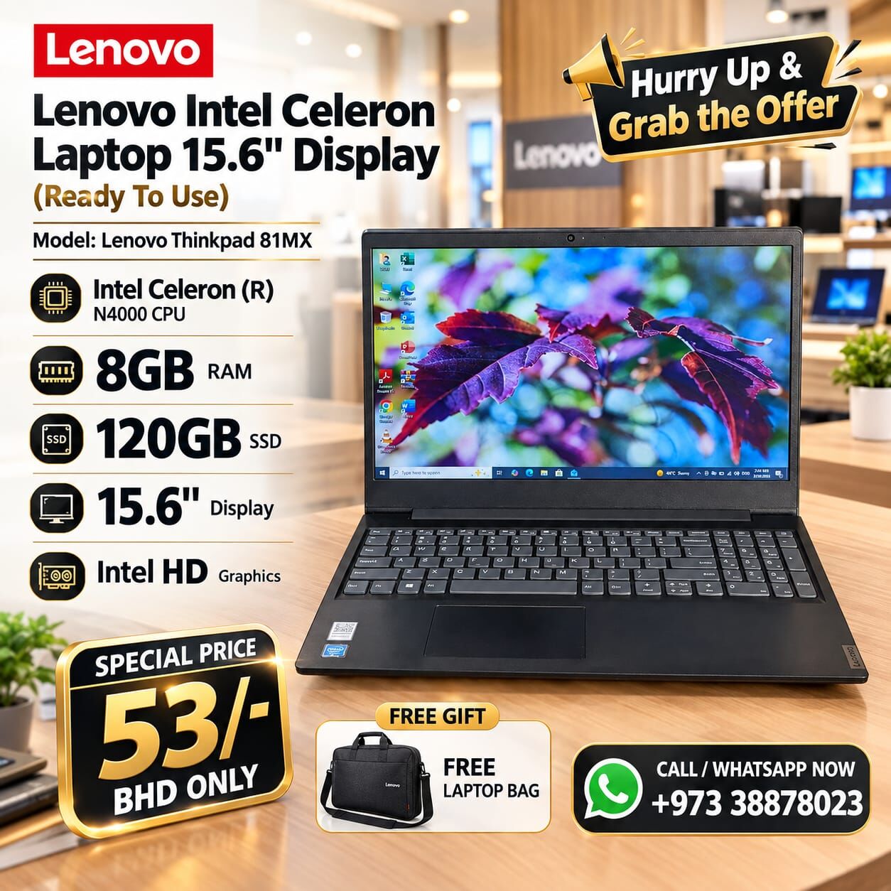 Manama, Computers, BHD 53,  Lenovo Intel Celeron Laptop 8GB RAM 15.6" Display Win & MS Office Ready To Use