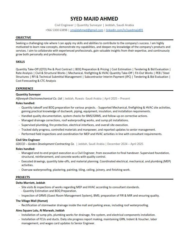 Jeddah, Job Seekers, Quantity Surveyor