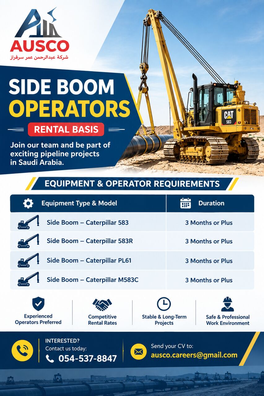 Dammam, Jobs, SIDE BOOM OPERATORS REQUIRED &ndash; RENTAL