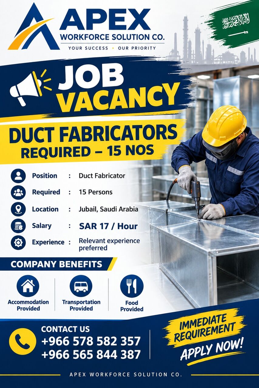 Jubail, Jobs, Duct Fabricator, Plumber, Electrician, Helpers, Mason