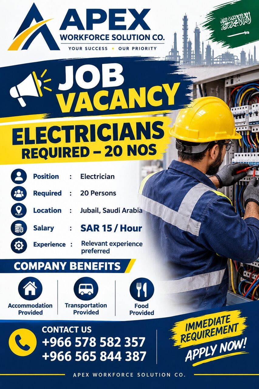 Jubail, Jobs, Duct Fabricator, Plumber, Electrician, Helpers, Mason