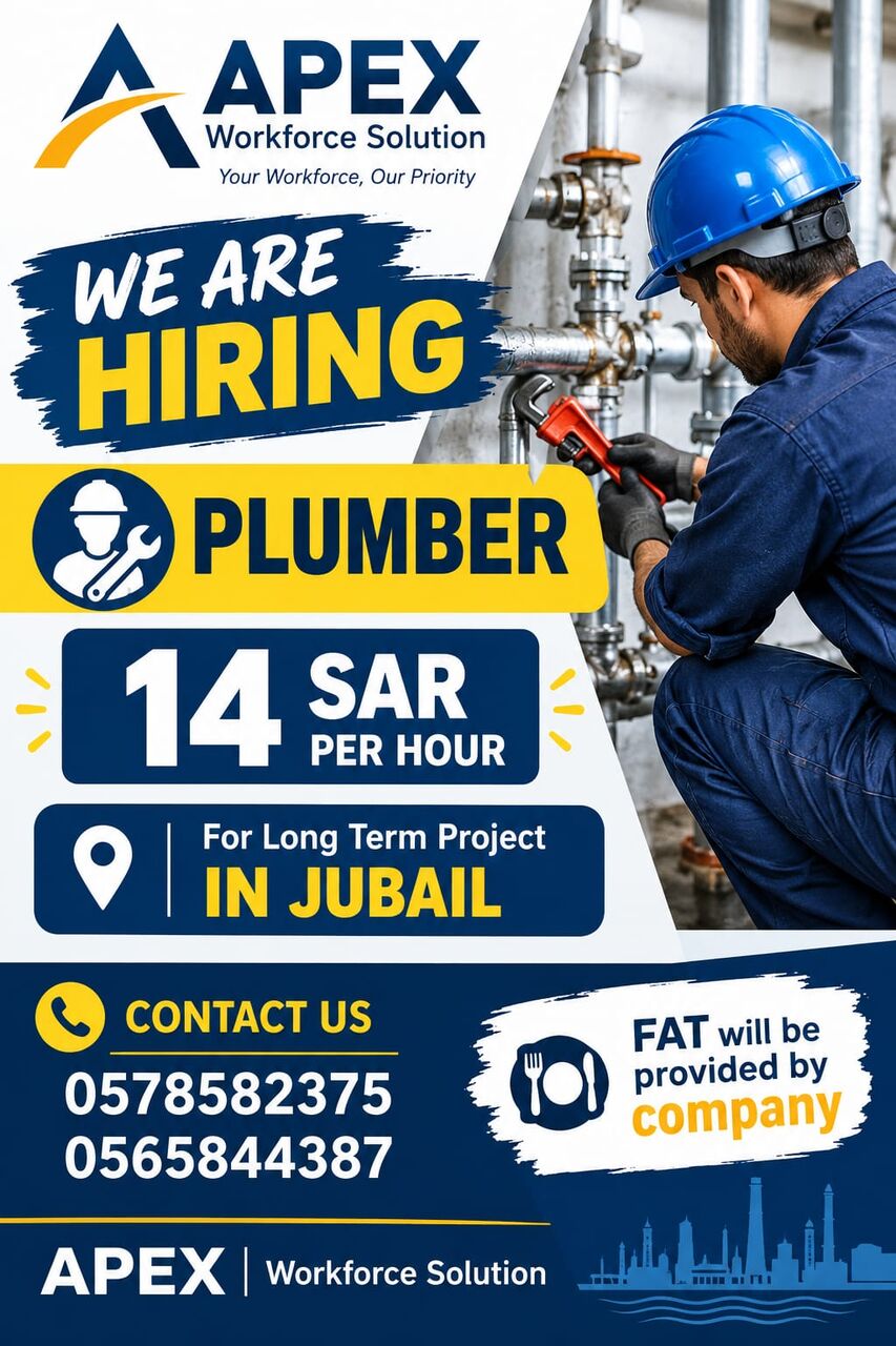 Jubail, Jobs, Duct Fabricator, Plumber, Electrician, Helpers, Mason