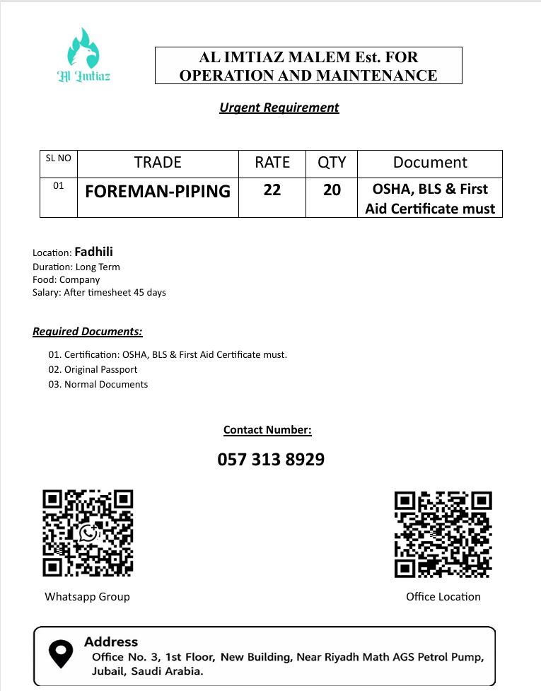 Jubail, Jobs, FOREMAN-PIPING