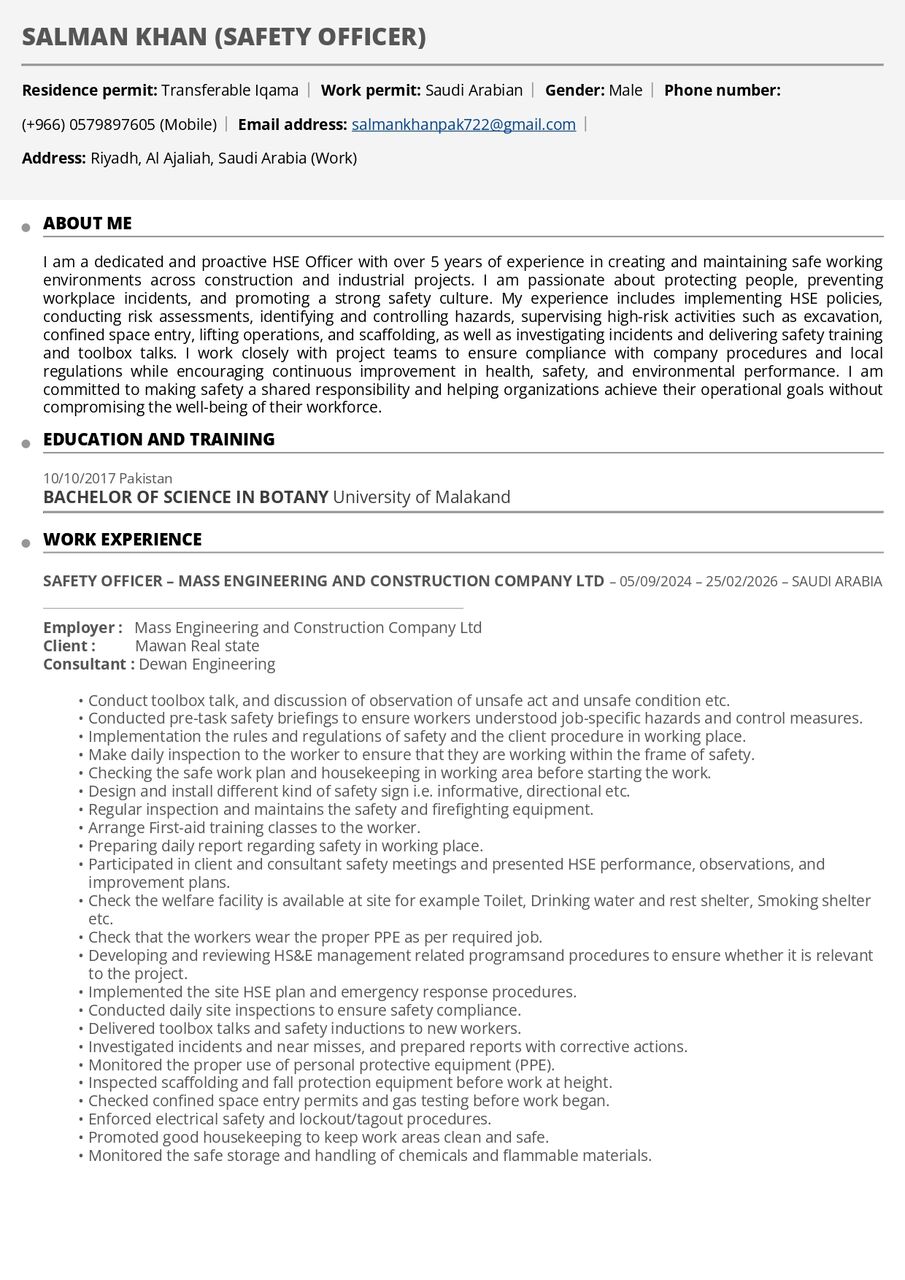 Riyadh, Job Seekers, Experienced Safety Officer | Available For Immediate Employment