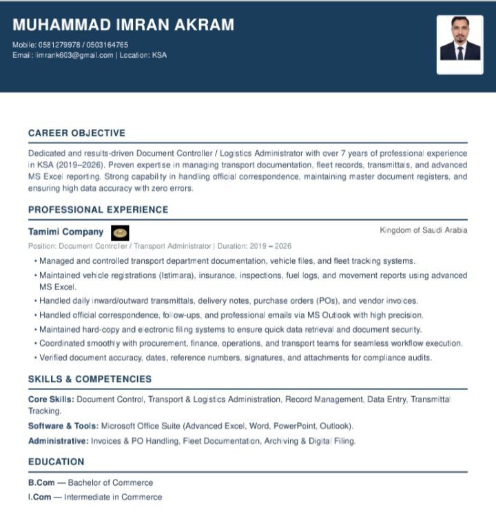 Jubail, Job Seekers, Available For Immediate Joining | Senior Document Controller & Logistics Admin