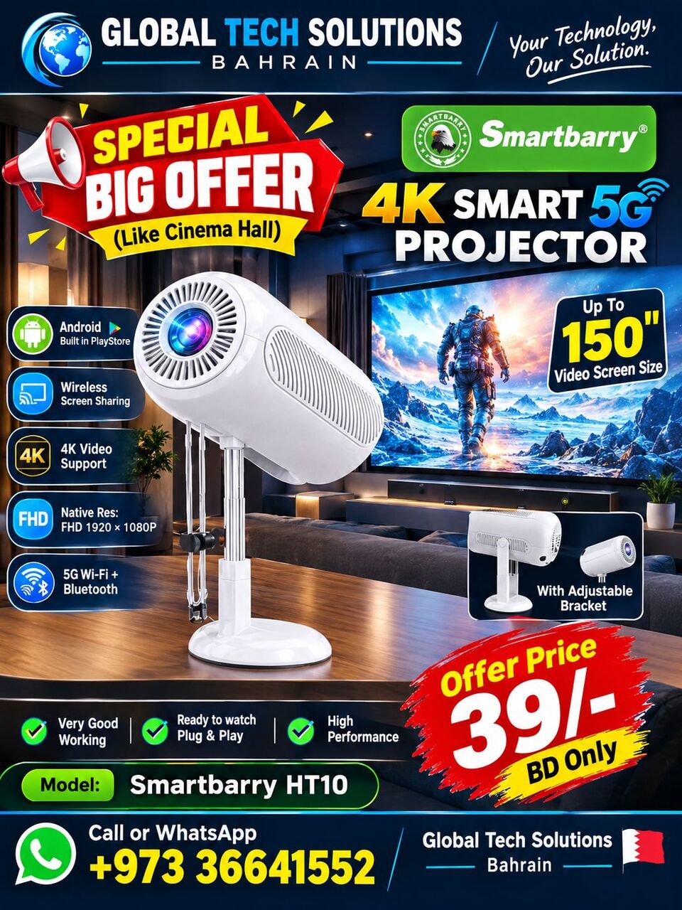 Isa Town, Electronics, BHD 39,  Brand New 4K Android WiFi Projector 5G Wireless Screen Sharing (Plug & Play) Call 3664155
