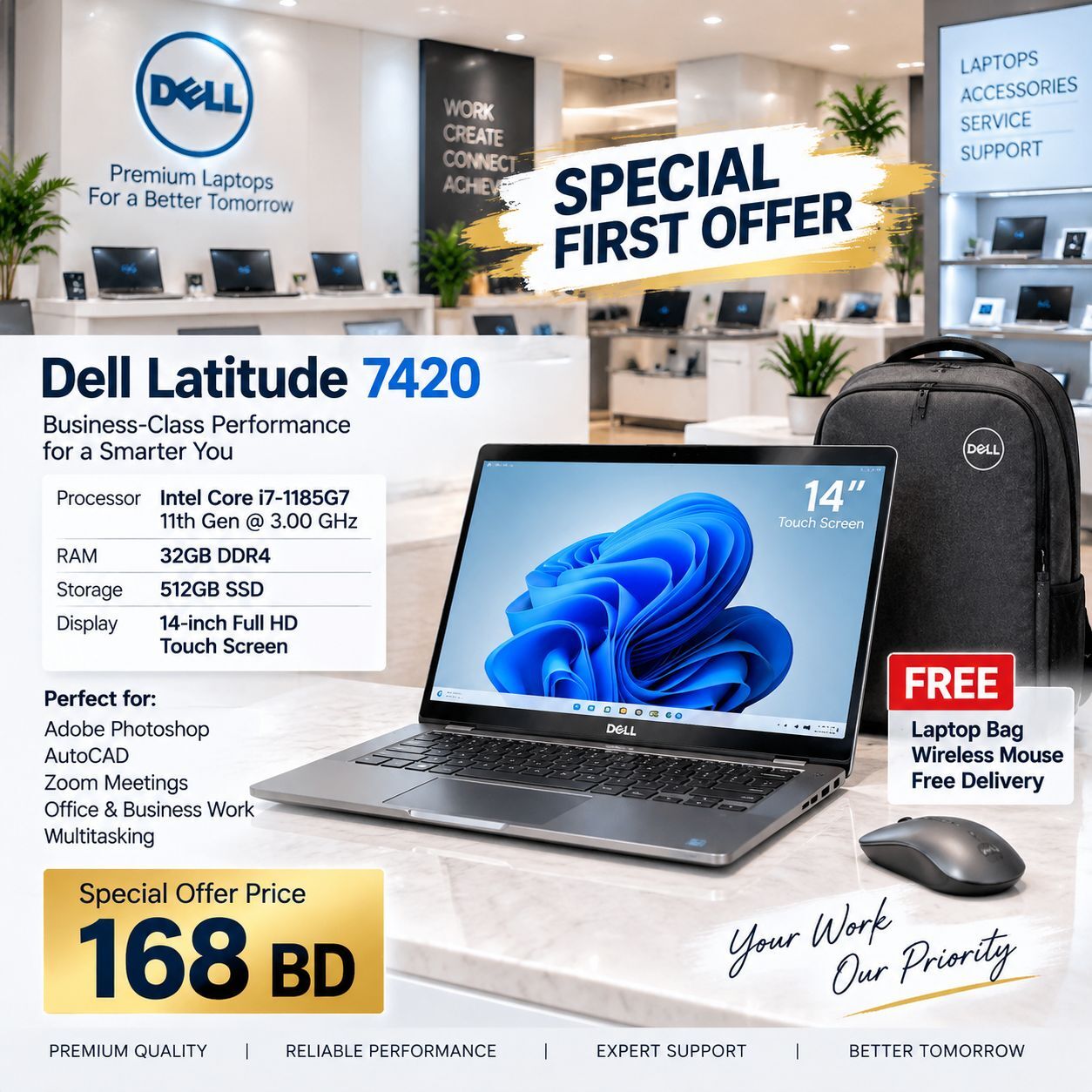 Salmaniya, Computers, BHD 168,  Dell Core I7 11th Gen Touch Laptop  32GB RAM  512GB SSD  14" FHD Display Call/36841488