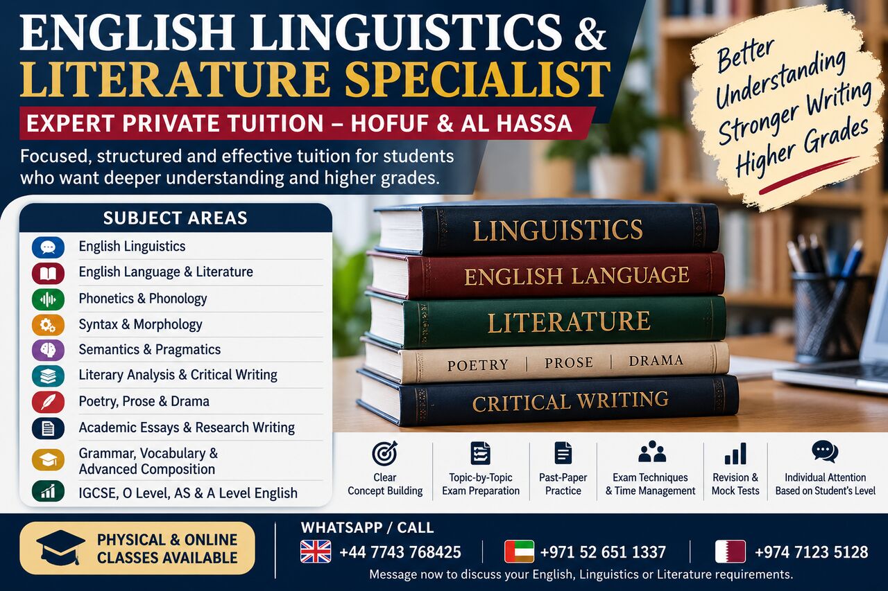Hofuf, Lessons Offered, English Linguistics & Literature Specialist | Expert Private Tuition &ndash; Hofuf & Al Hassa
