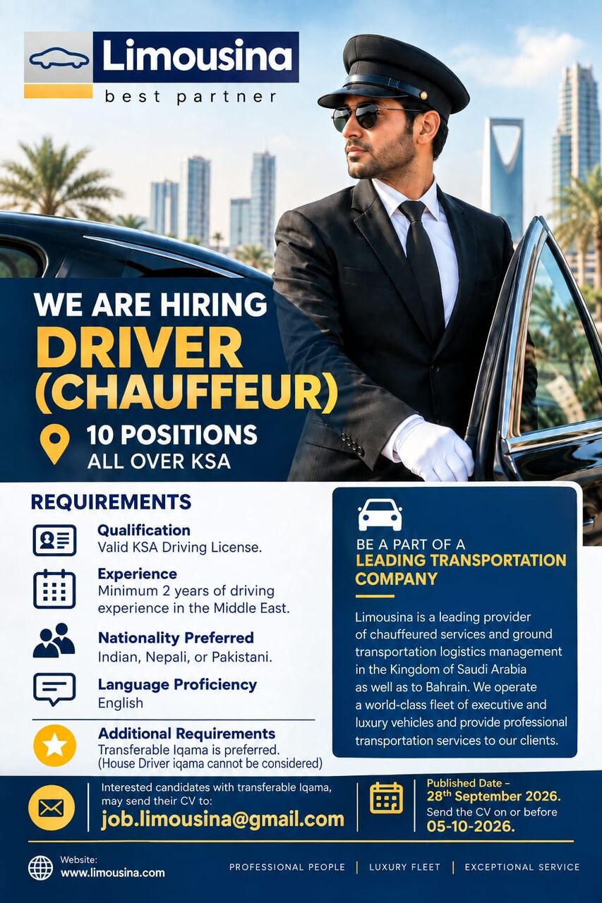 Dammam, Jobs, Urgent Hiring: Driver (Chauffeur) - 10 Positions - All Over KSA