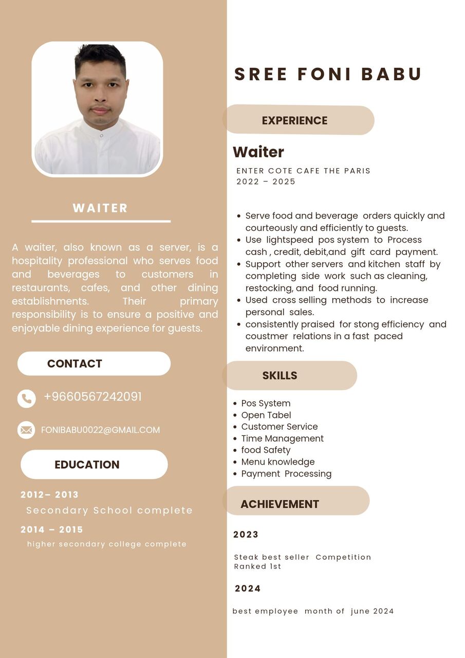 Jeddah, Job Seekers, I Am Looking For Job . I Have Experience As A Waiter 4 Year  Enter Cote Cafe De Paris  Ri